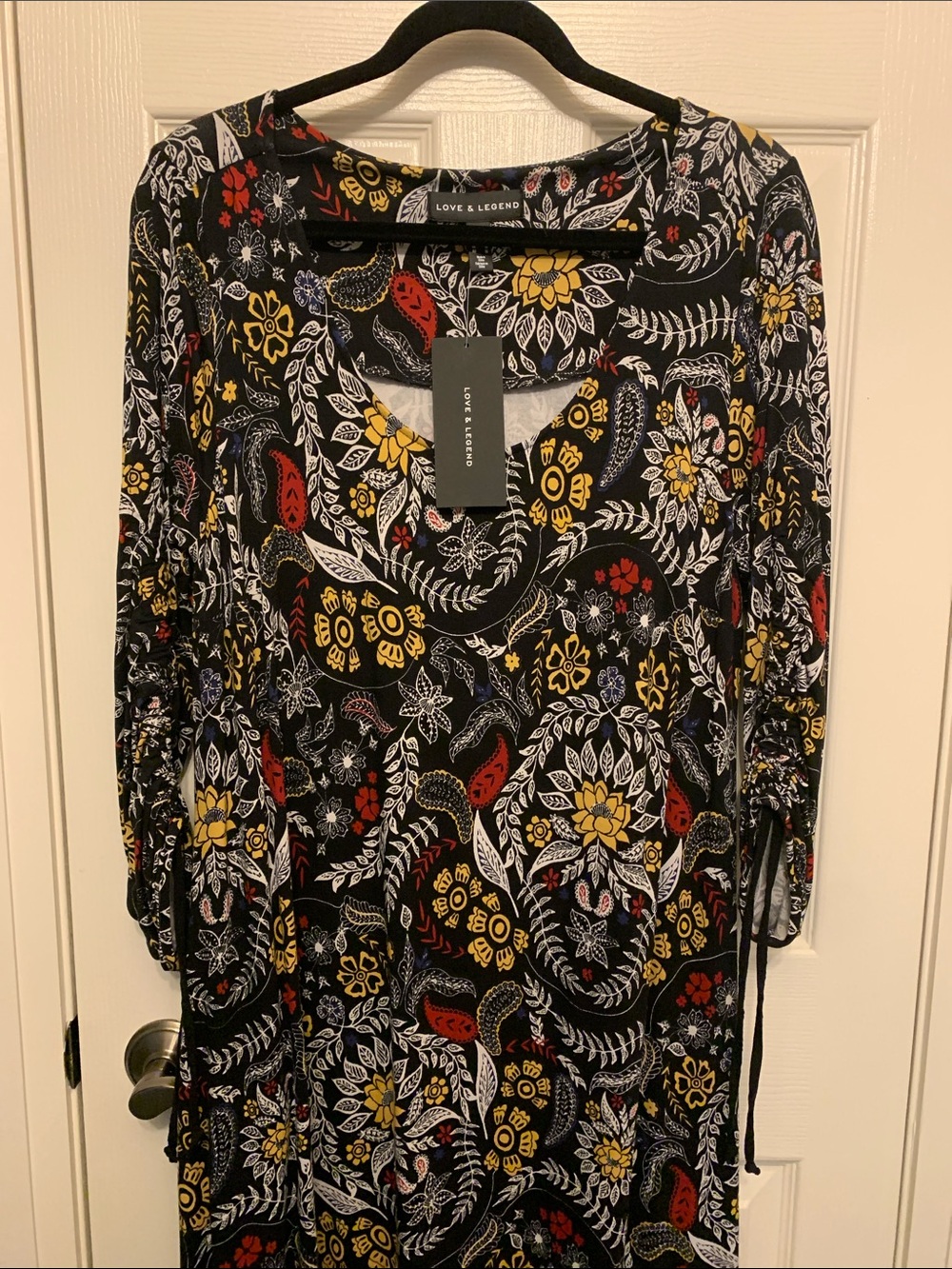 Love & Legend Black Floral Paisley Midi Dress with Yellow & Red Accents NWT